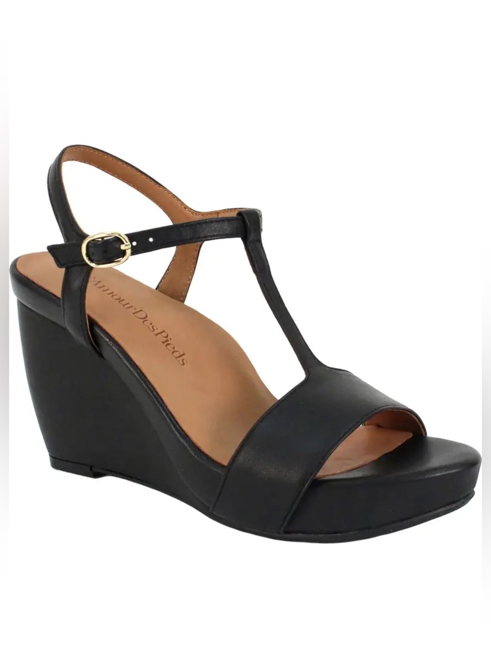 New L'Amour des Pieds Idelle T-Strap Wedge Sandal in Black Leather Size 8